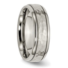 Titanium Unisex Wedding Band, Polished Hammered, Engravable, 7mm Grooved Edge