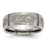 Titanium Brushed Cross with Flames Laser Design 8mm Band