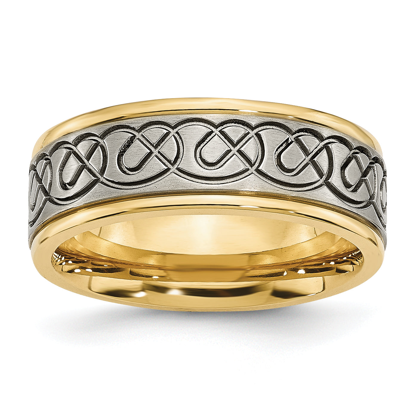 Titanium Brushed and Polished Yellow IP-plated Scroll Design 8mm Grooved Edge Band