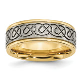 Titanium Brushed and Polished Yellow IP-plated Scroll Design 8mm Grooved Edge Band