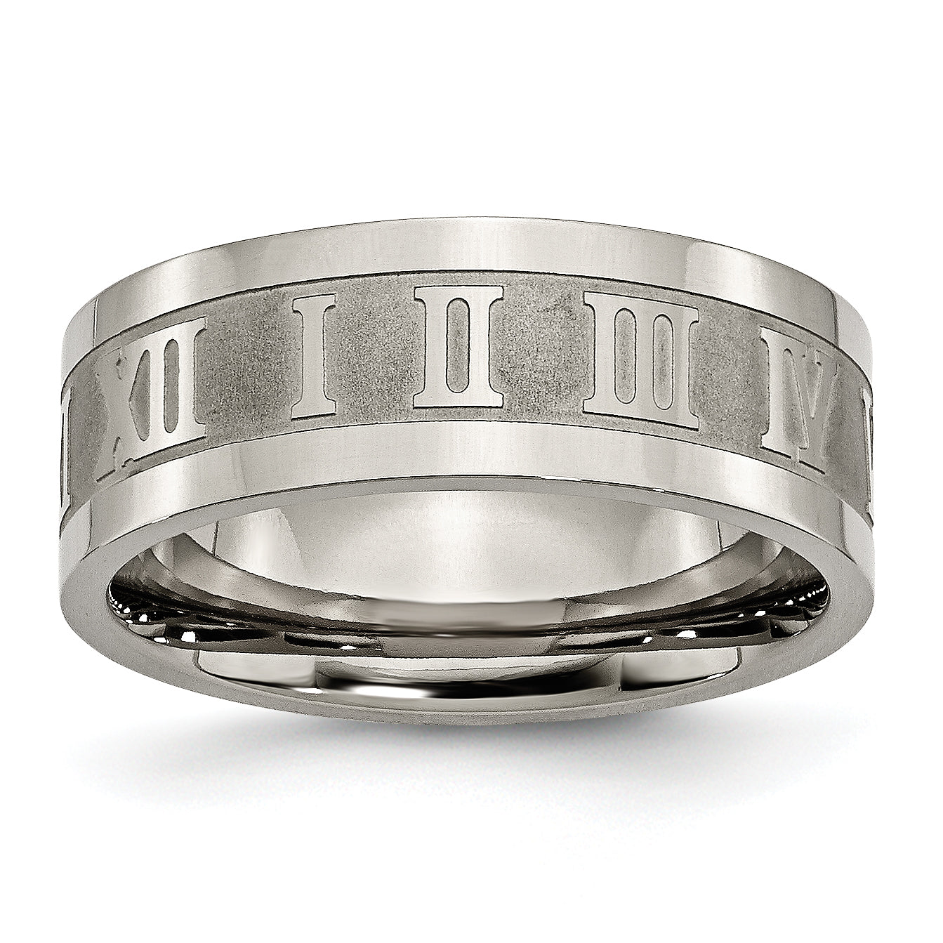 Titanium Satin Center 8mm Roman Numerals Flat Band