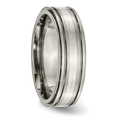 Titanium Silver Inlay Unisex Wedding Band with Polished Ridged Edge