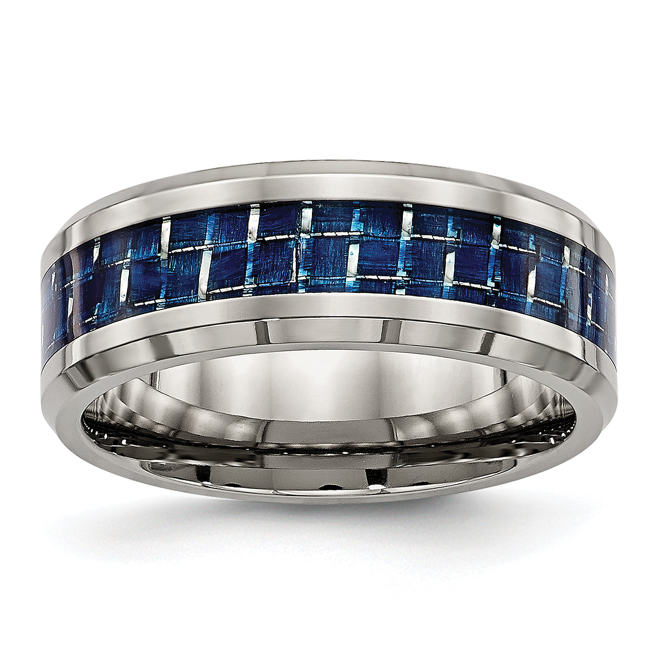 Titanium Polished with Blue Carbon Fiber Inlay 8mm Beveled Edge Band