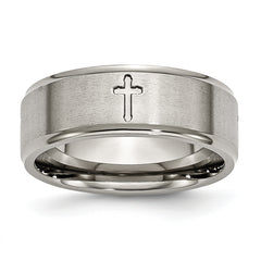 Titanium Brushed Center Cross 8mm Ridged Edge Band