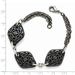 Titanium Sterling Silver Black Ti Polished & Etched 3-Charm Bracelet