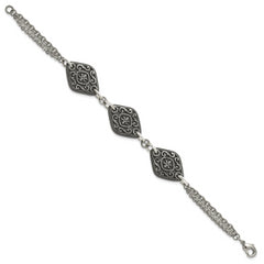 Titanium Sterling Silver Black Ti Polished & Etched 3-Charm Bracelet