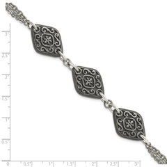 Titanium Sterling Silver Black Ti Polished & Etched 3-Charm Bracelet