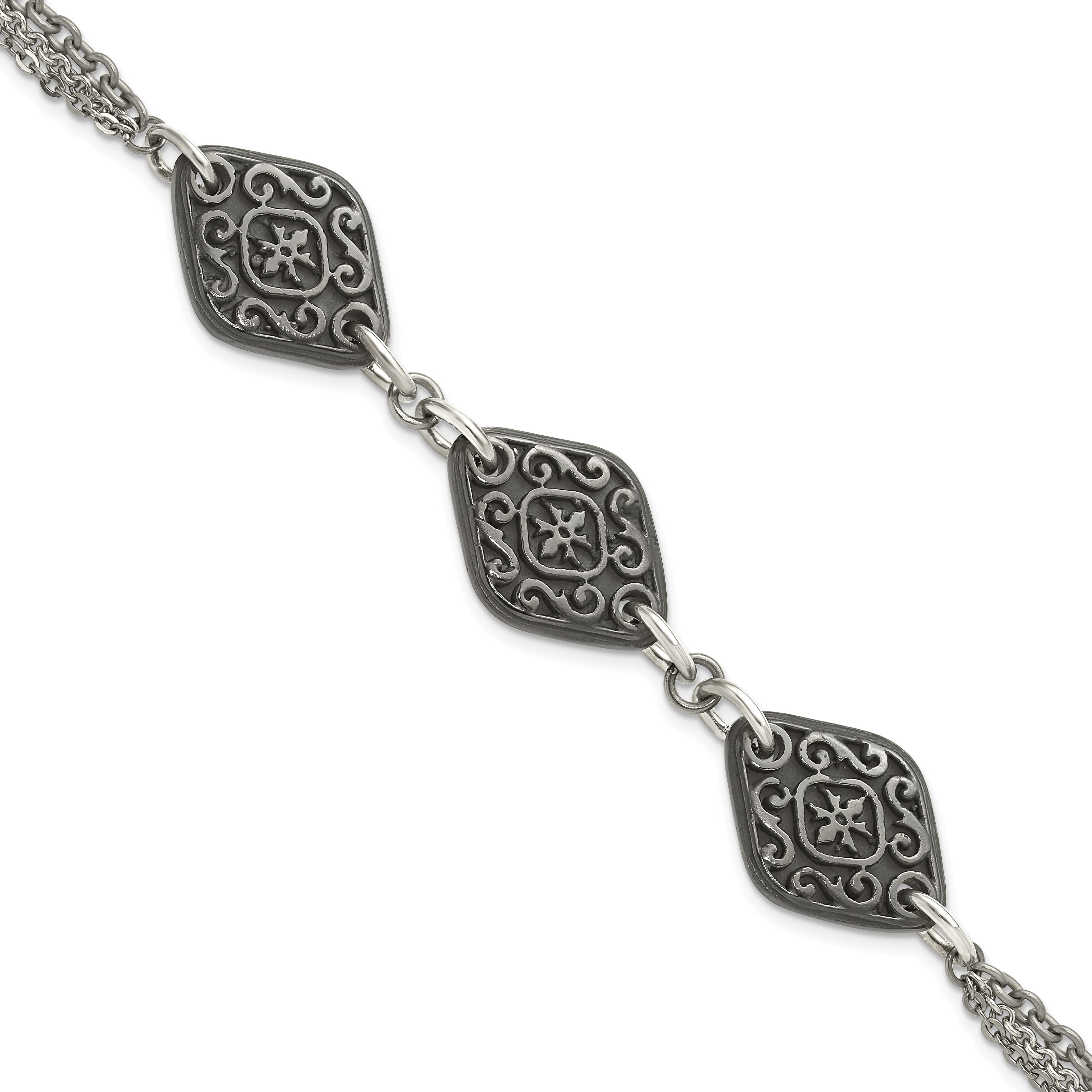 Titanium Sterling Silver Black Ti Polished & Etched 3-Charm Bracelet