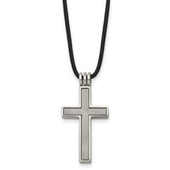 Titanium Leather Cord Cross Necklace, Polished & Engravable, Gift Ready