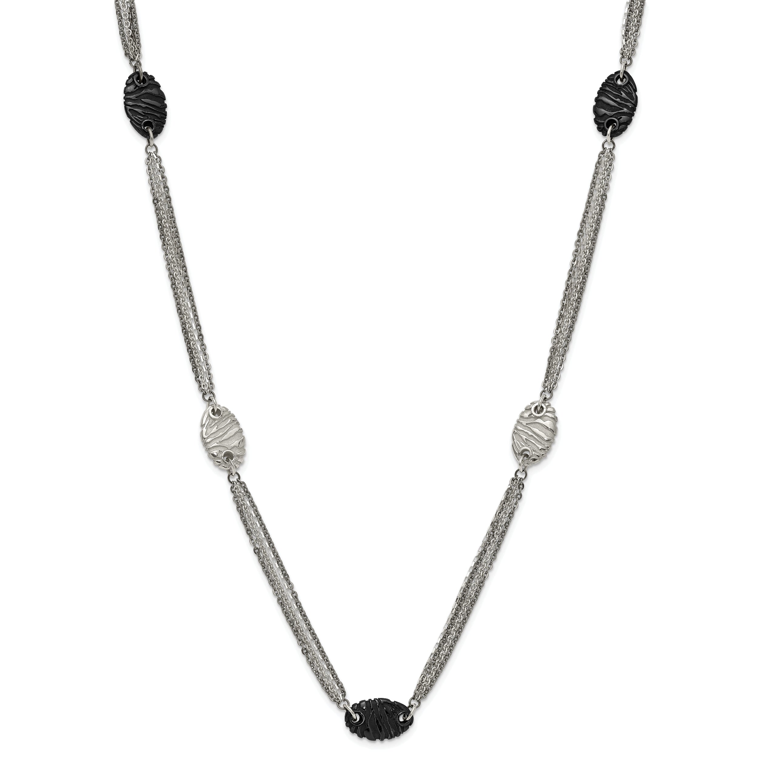 Titanium Sterling Silver Black Ti Polished and Etched Oval Station Necklace