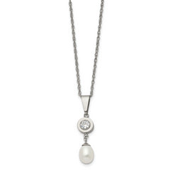 Chisel Titanium Polished with CZ and Freshwater Cultured Pearl 22 inch Necklace