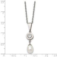 Chisel Titanium Polished with CZ and Freshwater Cultured Pearl 22 inch Necklace