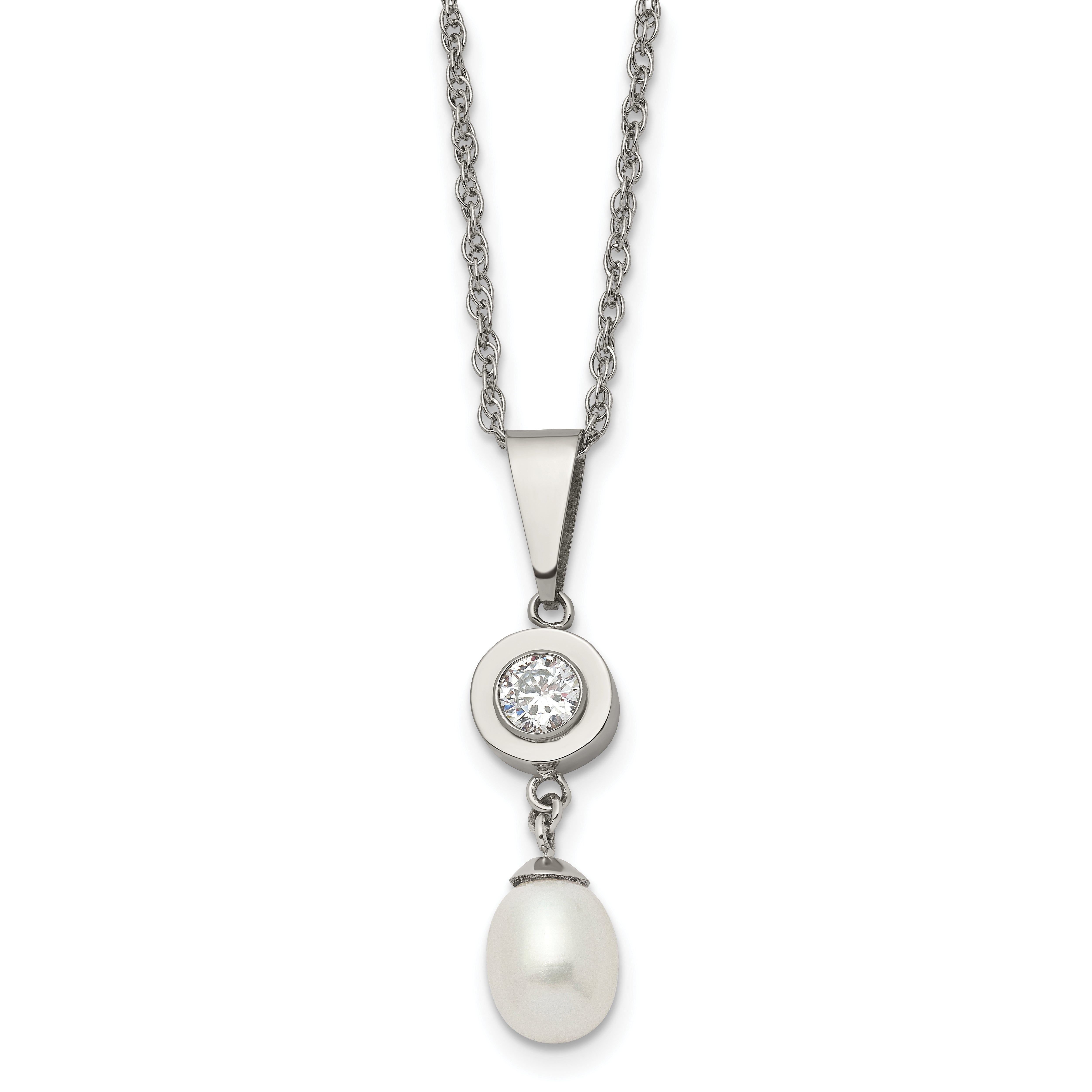 Chisel Titanium Polished with CZ and Freshwater Cultured Pearl 22 inch Necklace