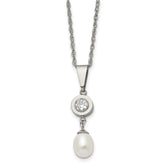 Chisel Titanium Polished with CZ and Freshwater Cultured Pearl 22 inch Necklace