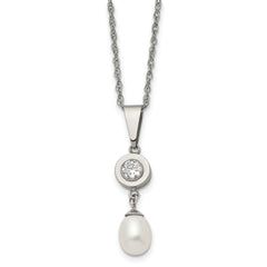 Chisel Titanium Polished with CZ and Freshwater Cultured Pearl 22 inch Necklace