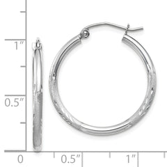 14k White Gold Satin and Diamond-cut 2mm Round Hoop Earrings
