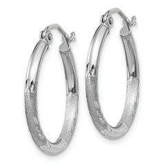 14k White Gold Satin and Diamond-cut 2mm Round Hoop Earrings