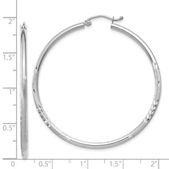 14k White Gold Satin and Diamond-cut 2mm Round Hoop Earrings