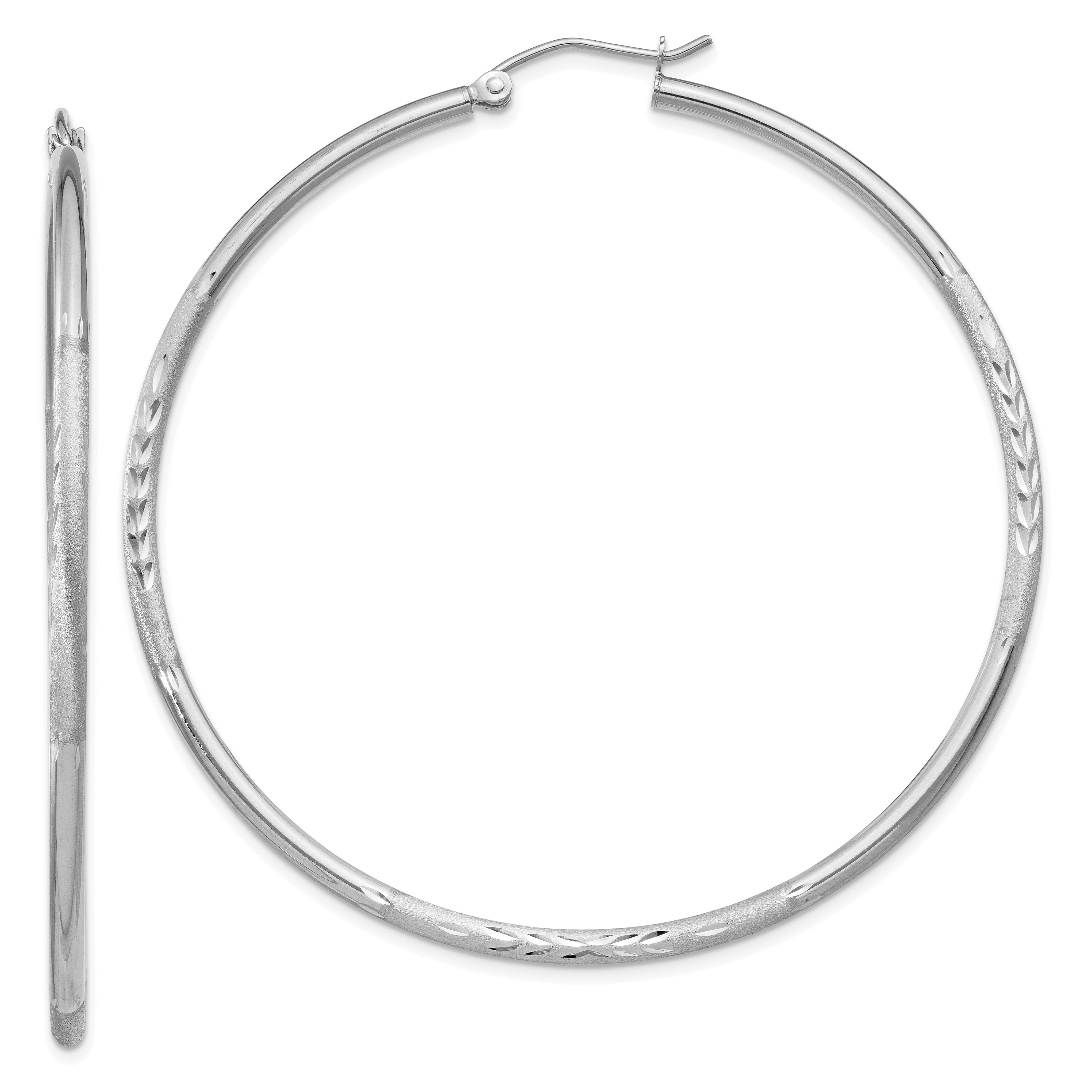 14k White Gold Satin and Diamond-cut 2mm Round Hoop Earrings