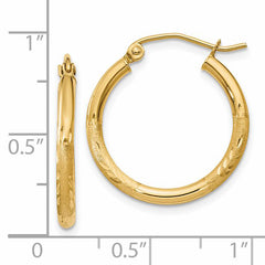 14k Satin and Diamond-cut 2mm Round Tube Hoop Earrings