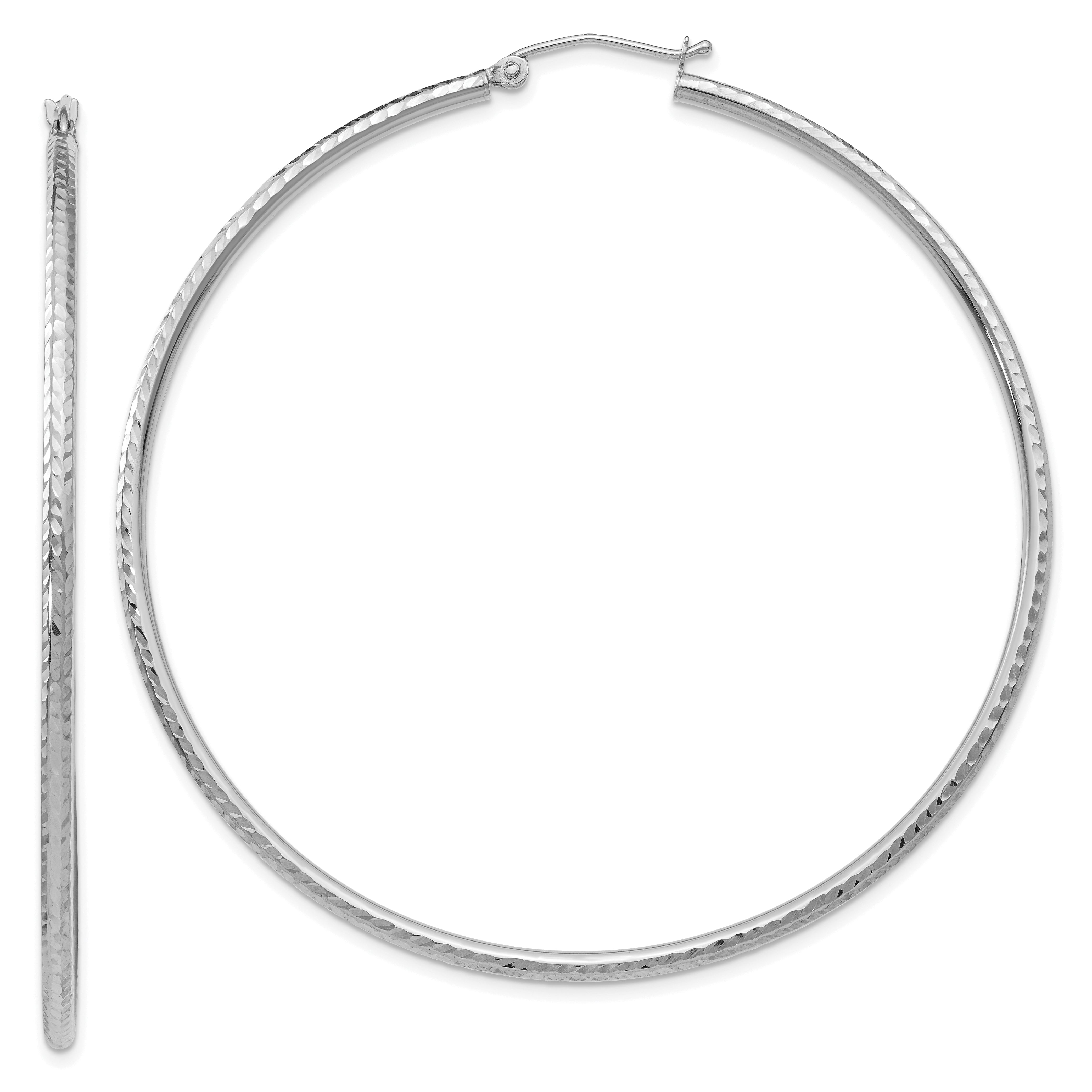 14k White Gold Diamond-cut 2mm Round Tube Hoop Earrings