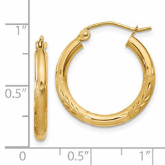 14k Satin and Diamond-cut 2.5mm Round Hoop Earrings