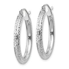 14k White Gold Diamond-cut 3mm Round Hoop Earrings