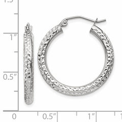 14k White Gold Diamond-cut 3mm Round Hoop Earrings