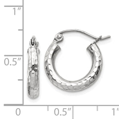 14k White Gold Diamond-cut 3mm Round Hoop Earrings
