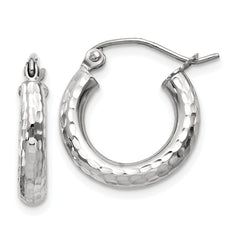 14k White Gold Diamond-cut 3mm Round Hoop Earrings