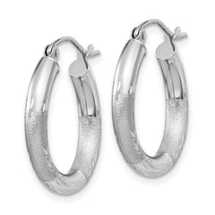 14k White Gold Satin and Diamond-cut 3mm Round Hoop Earrings