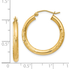 14k Satin and Diamond-cut 3mm Round Hoop Earrings