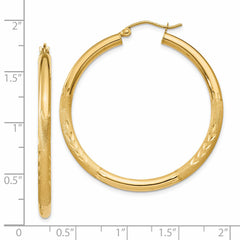 14k Satin and Diamond-cut 3mm Round Hoop Earrings