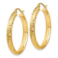 14K Diamond-cut 3.5x28mm Hollow Hoop Earrings