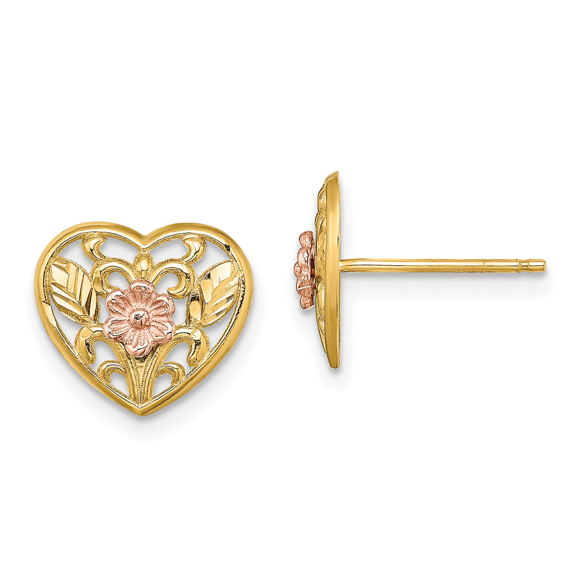 14K Two-tone Polished Floral in Heart Post Earrings