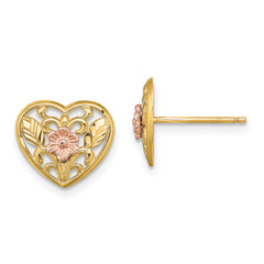 14K Two-tone Polished Floral in Heart Post Earrings