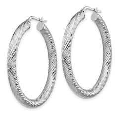 14k 4x30mm White Gold Diamond-cut Round Hoop Earrings