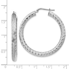 14k 4x30mm White Gold Diamond-cut Round Hoop Earrings