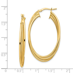 14k Polished and Textured Twisted Fancy Oval Hoop Earrings