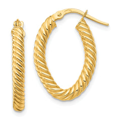 14K Small 3mm Textured Oval Hoop Earrings