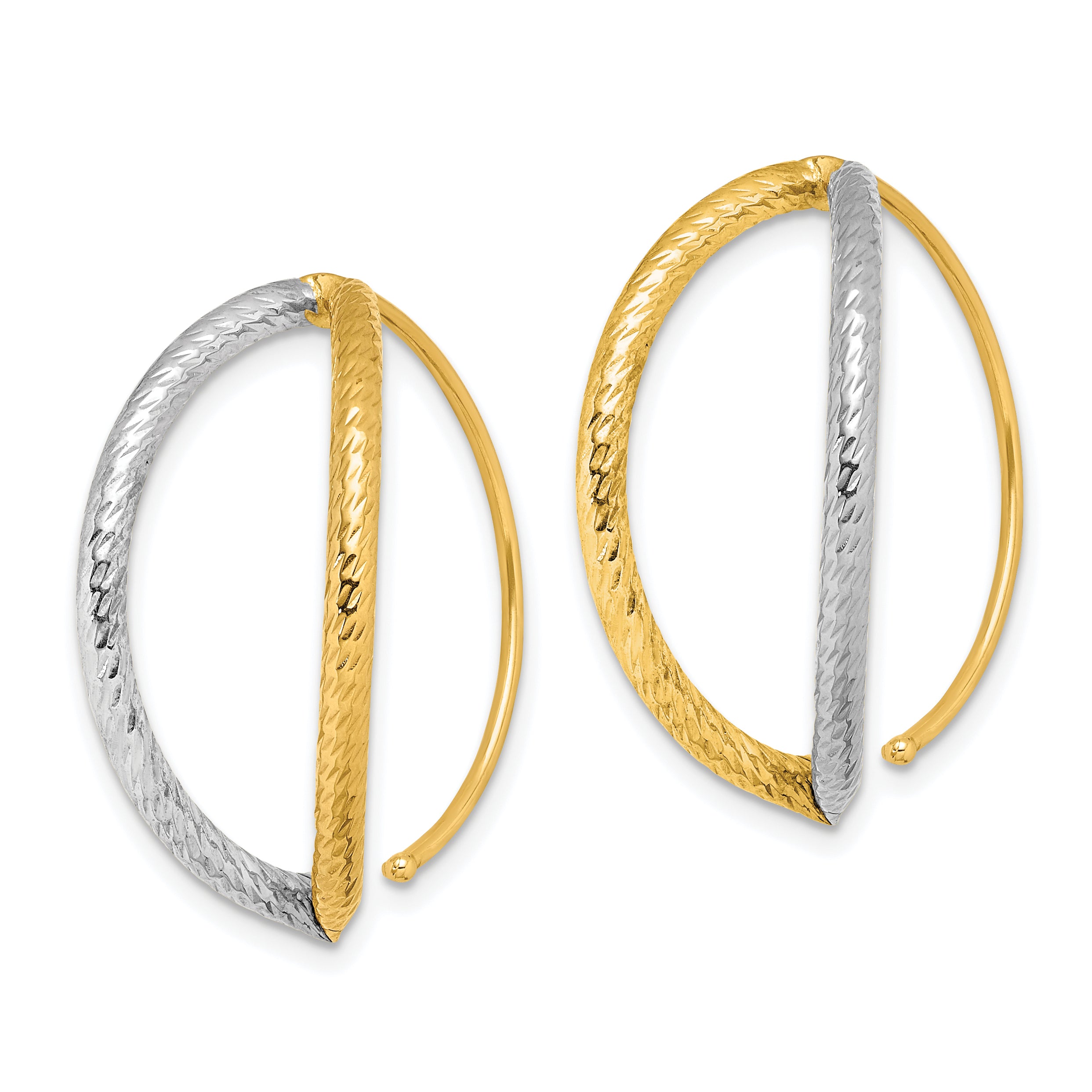 14K w/Rhodium Diamond-Cut Dangle Threader Earrings