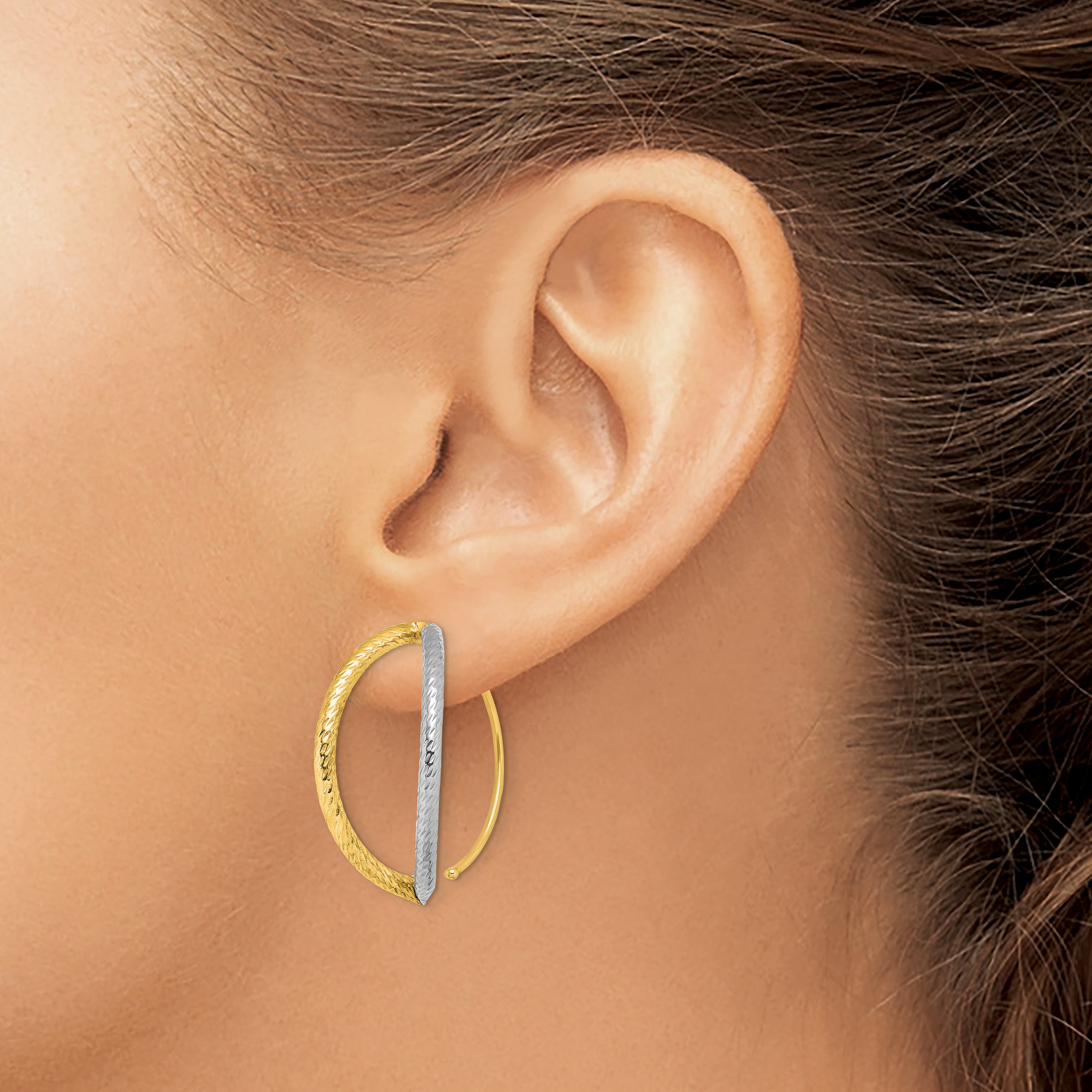 14K w/Rhodium Diamond-Cut Dangle Threader Earrings
