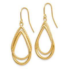 14K Polished and Textured Teardrop Shepherd Hook Earrings