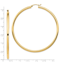 14k Polished 3x70mm Lightweight Round Tube Hoop Earrings