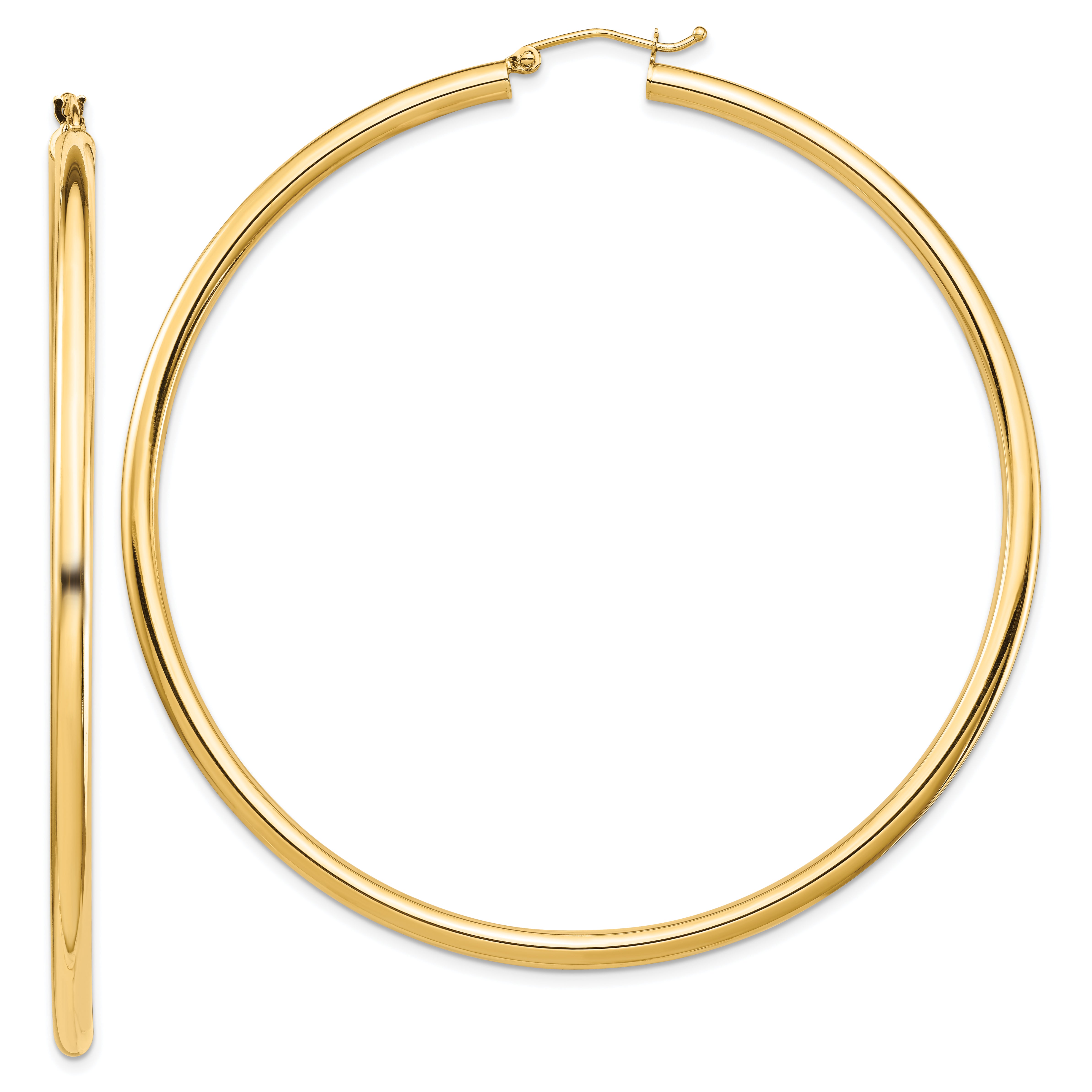 14k Polished 3x70mm Lightweight Round Tube Hoop Earrings
