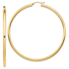 14k Polished 3x70mm Lightweight Round Tube Hoop Earrings