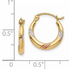 14k & White & Rose Rhodium Polished & Textured Hoop Earrings