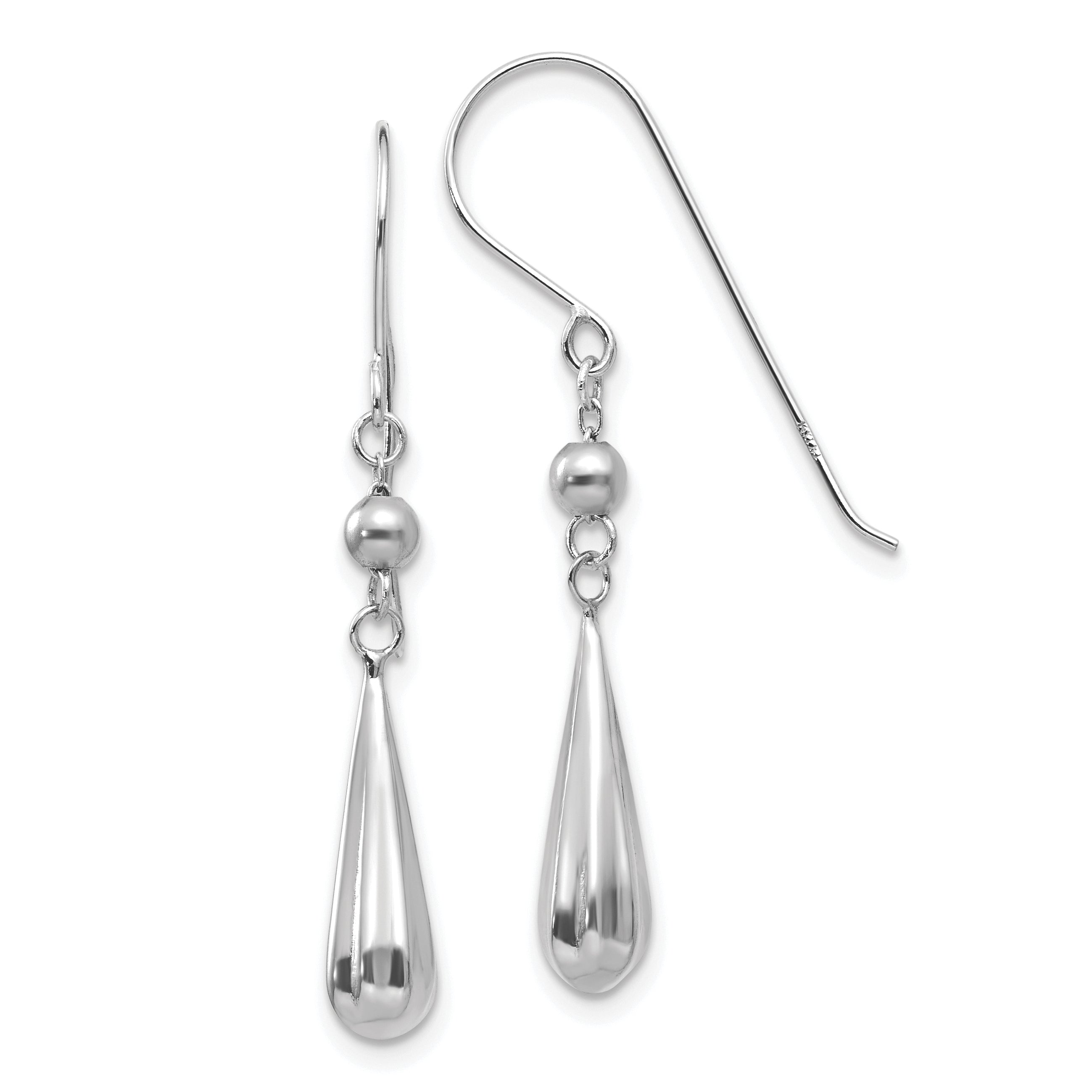 14K White Gold Grooved Puffed Teardrop Shepherd Hook Earrings
