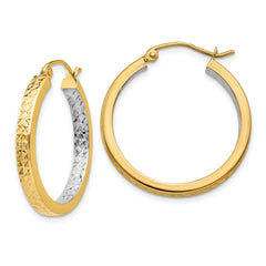 14k White Rhodium Light Square Diamond Cut Hoop Earrings