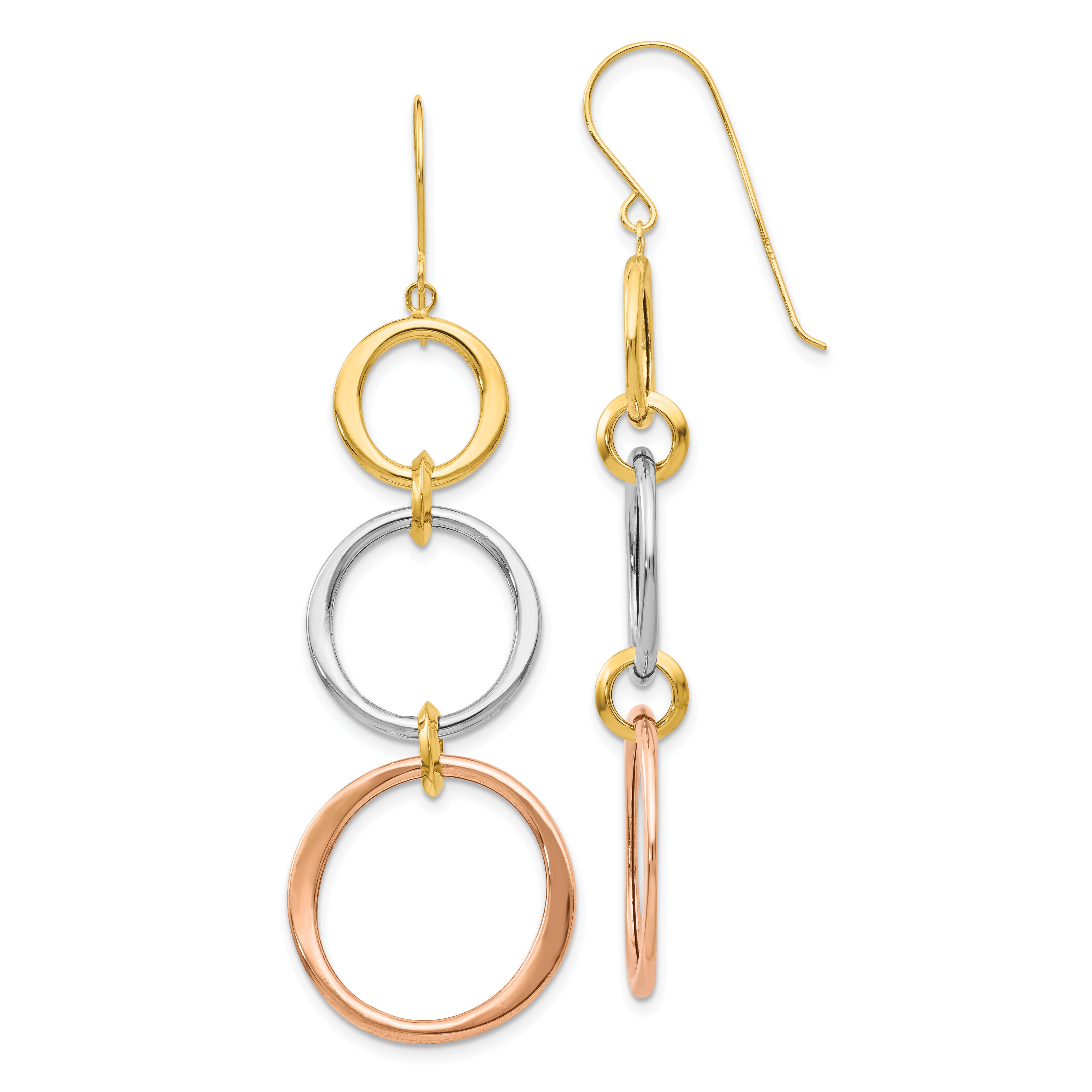 14k Tri-color Triple Circle Dangle Earrings